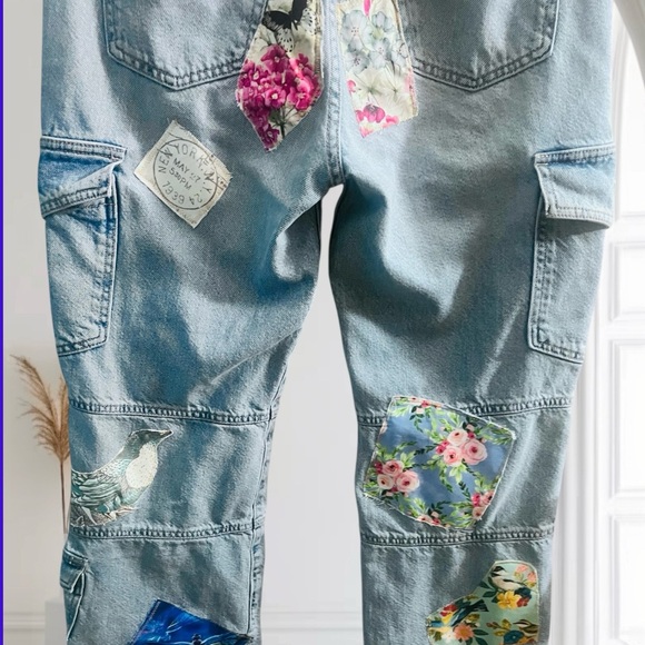 Zara One-of-a-Kind Upcycle Jeans. Bird & Floral Size 6 Blue Cargo Jeans - Picture 2 of 2